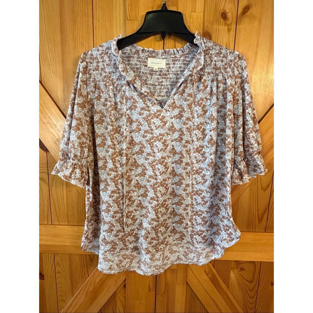 MELLODAY Anthropologie Floral Ruffle Short Sleeve Blouse Top Size Small (7024)